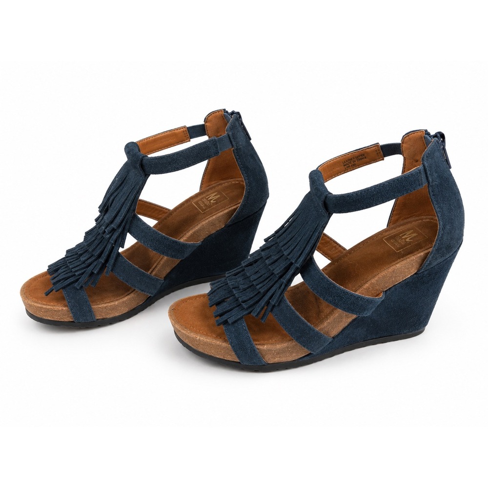 Mark Jenkins Vintage Cheyenne Blue Suede Fringe Wedge Heels Women's Size 7